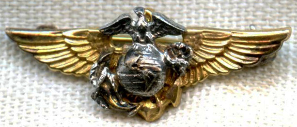 ★１９３０年代＊アメリカ軍＊海軍＊銀製＋金張り製＊パイロット章/ＷＩＮＧ（実物） Beautiful 1930's USMC Pilot Lapel Wing in Unofficial Style w/ EGA