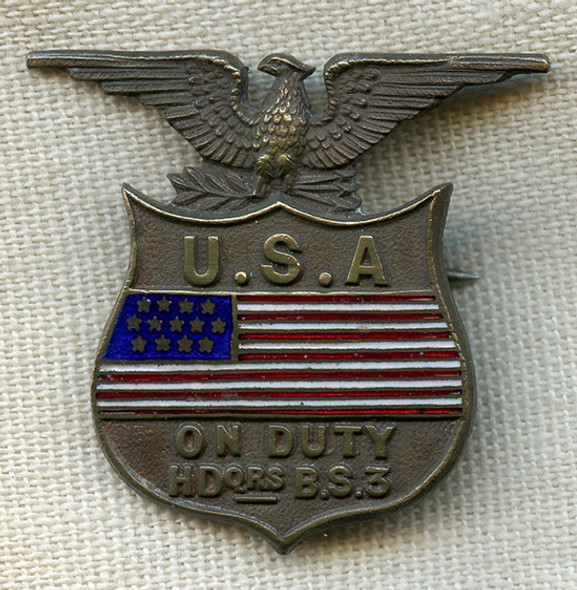 Great WWI US Army, UK-Made Badge: "ON DUTY, Headquarters B.S. 3"
