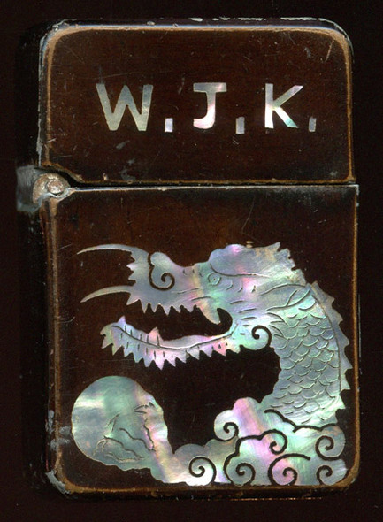 Nice Korean Occupation Period US Army PX Lighter with Paua Shell Inlay Dragon