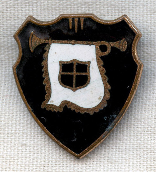 BEING RESEARCHED - Shield Pin with Heraldic Banner and Horn Design - NOT FOR SALE UNTIL IDENTIFIED