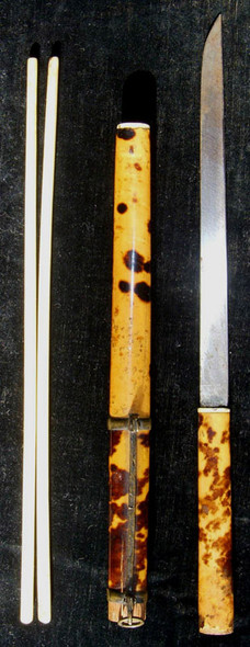 18th Century Japanese Knife and Bone Chopsticks Set in Tortoise Shell Covered Case
