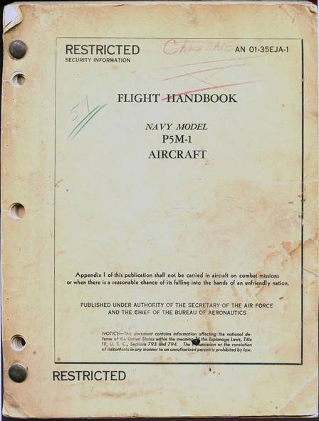 Rare March 1952 Restricted "Flight Handbook Navy Model P5M-1 Aircraft" AN-01-35EJA-1