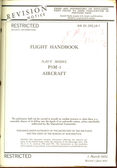 Rare March 1952 Restricted "Flight Handbook Navy Model P5M-1 Aircraft" AN-01-35EJA-1
