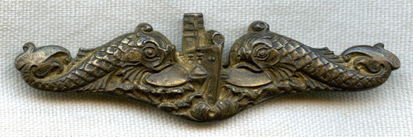 Salty 1930s USN Officer Sub Dolphins in Heavy, Solid Gold-Plated Brass "Been There" Look