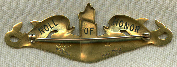 Ext. Rare & Important WWII USN Roll of Honor 10K Submarine Badge of USS Tinosa Cdr. Latham