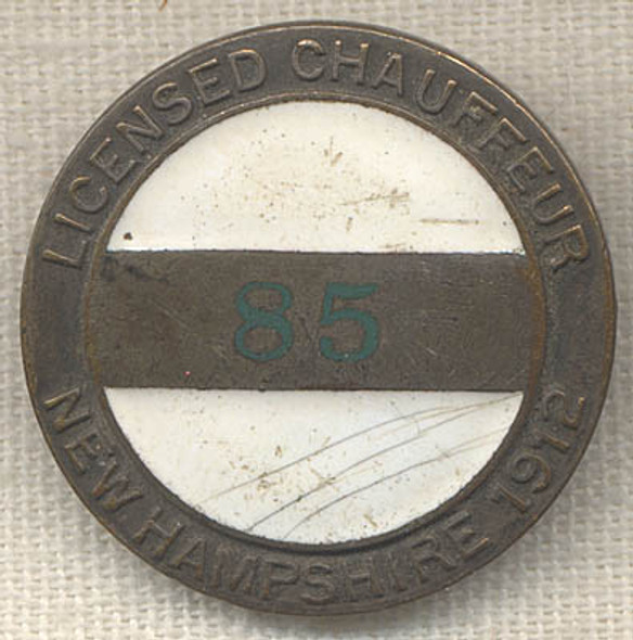 Very Rare 1912 New Hampshire Chauffeur Badge #85