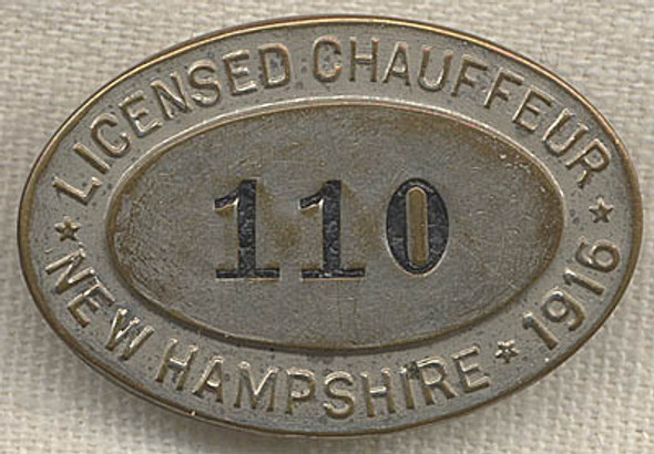 1916 New Hampshire Licensed Chauffeur Badge #110