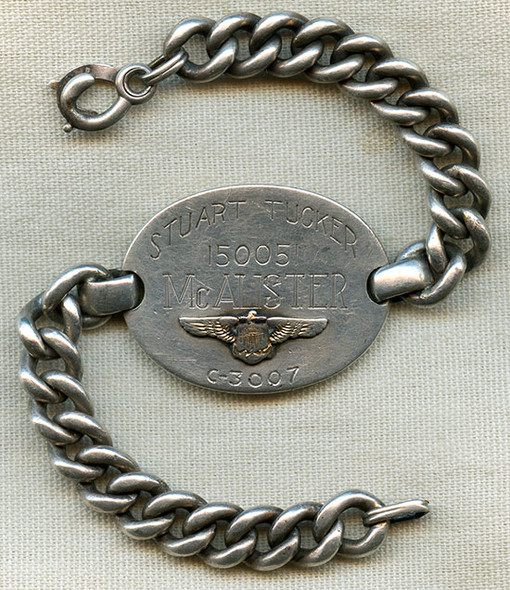 Wonderful WWII USN Pilot ID Bracelet of Stuart Tucker McAlister w/ Graduation Date on Reverse