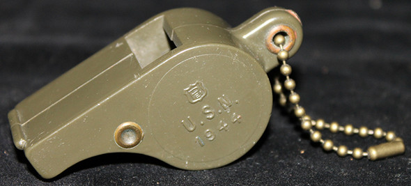 WWII United States Navy 1944 Dated Whistle in O/D Green Bakelite Plastic