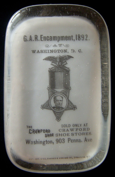 Great 1892 GAR Encampment Souvenir/Advertising Glass Paperweight for Crawford Shoe (D.C.)
