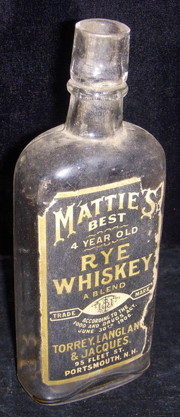 Circa 1910 "Mattie's Best" Rye Whiskey Bottle from Portsmouth, New Hampshire