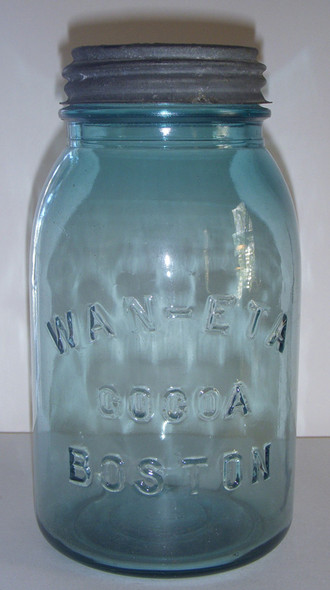 1920s WAN-ETA Cocoa Jar from Boston, Massachusetts in Scarce Aqua Blue