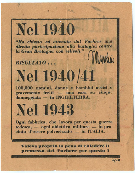 Scarce WWII USAAF Propaganda Leaflet Dropped on Italian Troops