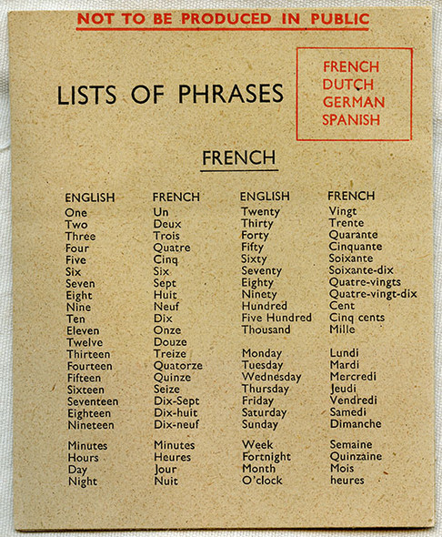 Early WWII USAAF Escape & Evasion Aid: "List of Phrases" French, Dutch, German, and Spanish