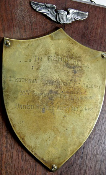 Nice WWII Memorial Plaque and Wings to KIA Lt. Joseph Maloney USAAF 33rd Bomb Squadron