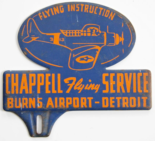 Rare WWII USAAF Chappell Flying Service Burns Airport Detroit Michigan Civilian Pilot Training License Plate Topper