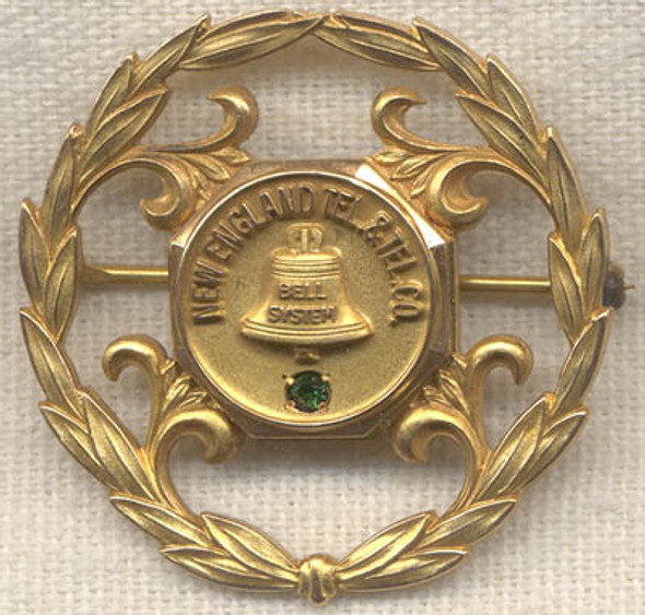 1930s-1940s New England Telephone & Telegraph Co. Operators Service Brooch with Green Stone