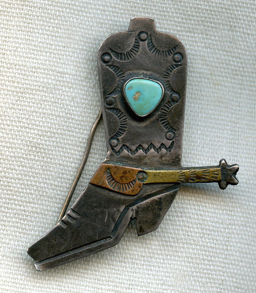 Great Whimsical 1940s Navajo Silver & Turquoise Boot Pin