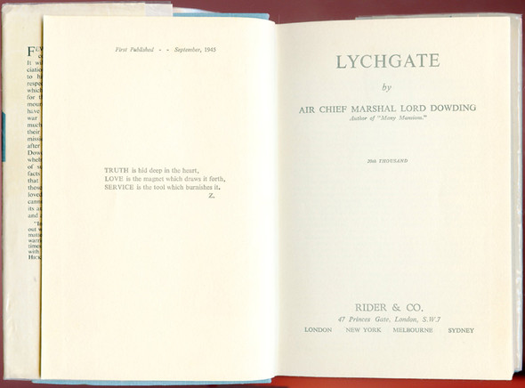1945 1st Edition "Lychgate: The Entrance to the Path" by A.C.M. Lord Dowding