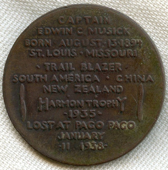 Rare 1938 Pan Am Medal Commemorating Capt. E. C. Musick's Flight Jubilee & Loss at Pago Pago
