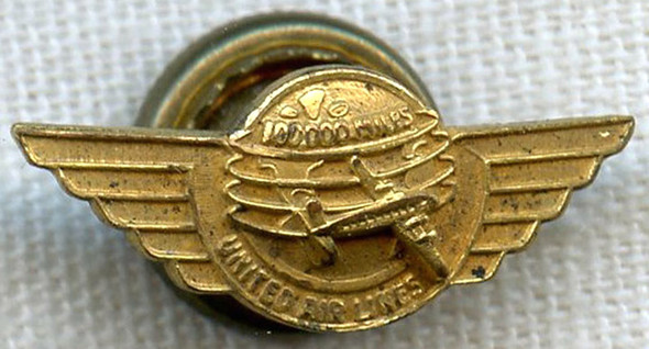 1950s United Airlines "100,000 Mile" Club Lapel Pin by Morgan's
