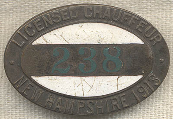 Rare 1913 New Hampshire Licensed Chauffeur Badge #238