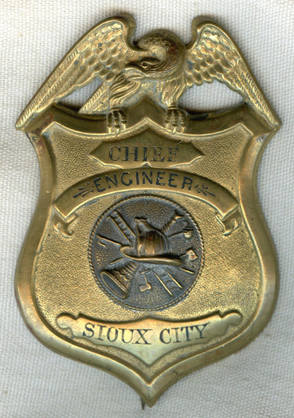Wonderful 1870s-1880s Sioux City, Iowa Fire Department Chief Engineer Badge