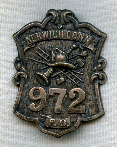 1870s-80s Norwich, Connecticut Fire Badge in Silver-Plated Brass