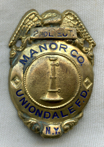 1940s-50s Uniondale, NY Fire Dept. Manor Engine Co. #3 2nd Lt. Badge