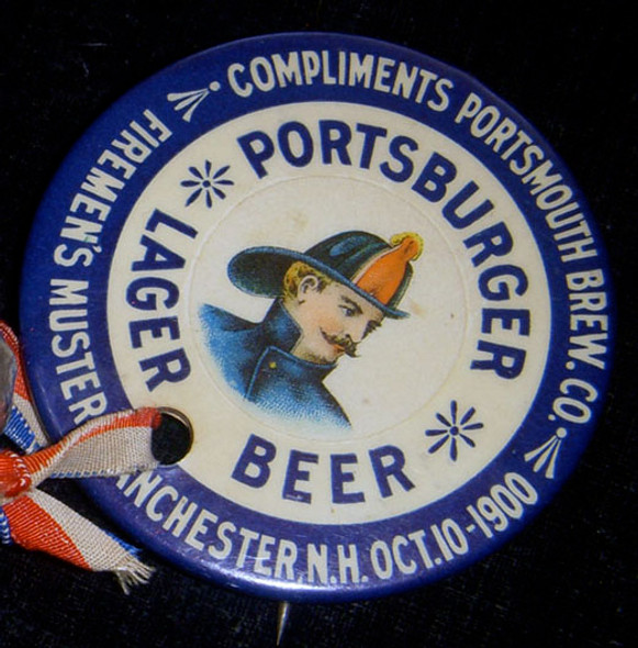 Fabulous Circa 1900 Portsburger Lager Beer Celluloid Firemen's Muster Badge and Shot Glass