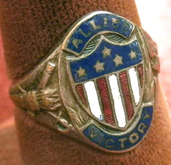 Unusual WWI "Allied Victory" Patriotic Ring in Enameled Silver-Plated Brass