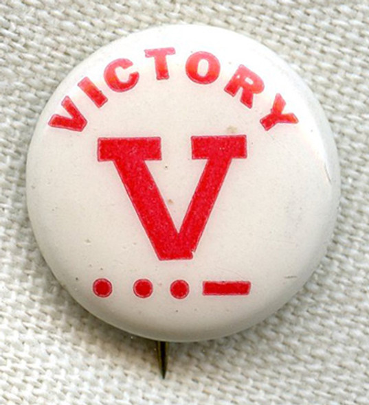 Great Little V for Victory Celluloid Pin from Rich Cigars of Portland, Oregon