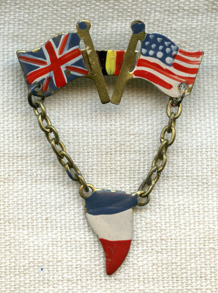 Beautiful Hand-Painted WWII Allies' "V for Victory" Pin with US, UK, French & Belgian Flags