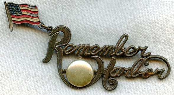 Very Rare to Find Intact: WWII White Metal & Celluloid Remember Pearl Harbor Patriotic Pin