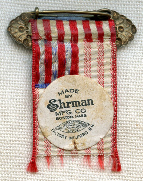 Early 20th C. US Flag Patriotic Ribbon Pin by Ehrman Manufacturing Co.