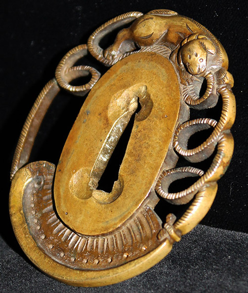 Lovely Mid-19th C. Brass Japanese Tanto Tsuba with Abalone Shell & Dog