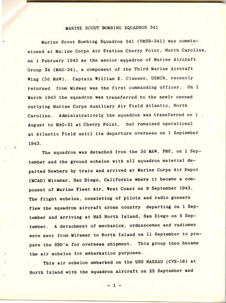 1970s USMC "History of Marine Scout Bombing Squadron 341 (VMSB-341)"