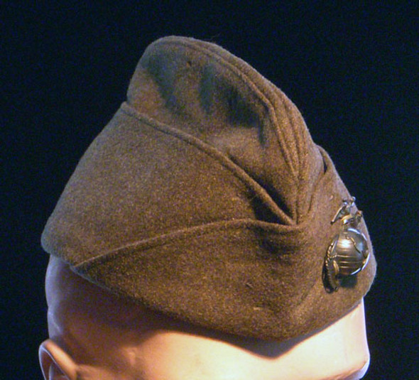 Odd WWII US Marine Corps Enlisted Man Overseas Cap with Sewn-on Sterling Officer Pin