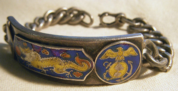 Stunning Circa 1945 USMC 1st Marine Division Heavy Enameled Silver Bracelet Chinese-Made