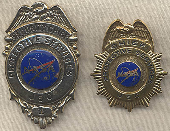 Ext Rare 1970s Johnson Space Center Protective Services Security Chief #1 Badge Set