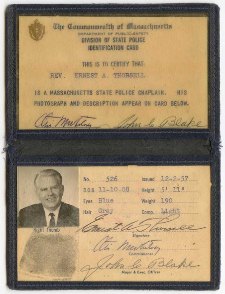 Rare 1957 Massachusetts State Police Credentials for Dept. Chaplain Ernest A. Thorsell