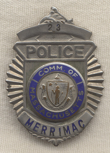 1950s Merrimac, Massachusetts Shirt-Size Police Badge <p> NO LONGER AVAILABLE