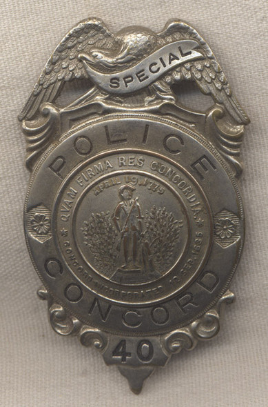 1920s Concord, Massachusetts Special Police Badge with Beautiful Custom Minuteman Seal