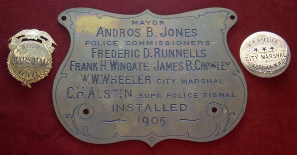 Fantastic 1880s-1900s Nashua, New Hampshire Asst. Marshal & Marshal Badges, Plaque