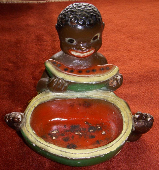 Late 1940s Black Americana Chalkware Pin Tray of Boy Eating Watermelon by Plasto Mfg. Co.