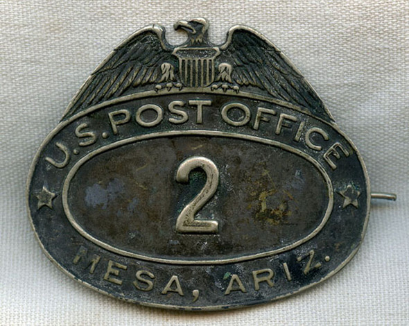 Rare Circa 1922 Mesa, Arizona USPO (US Post Office) Letter Carrier Hat Badge