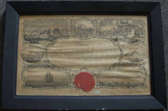 Framed 1837 Boston Marine Society Membership Certificate <p> NO LONGER AVAILABLE