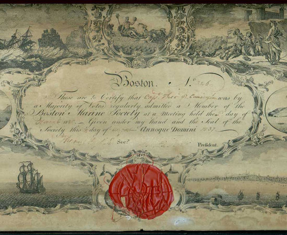 Framed 1837 Boston Marine Society Membership Certificate <p> NO LONGER AVAILABLE