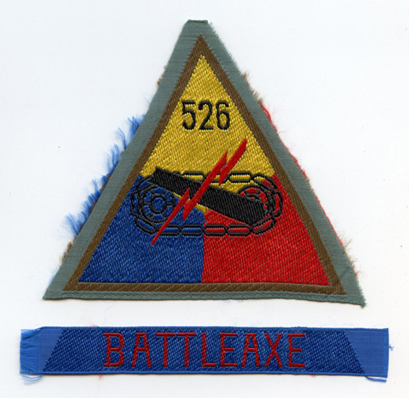Rare US Army 526th Armored Infantry Battalion Bevo-Weave Patch with "Battleaxe" Tab