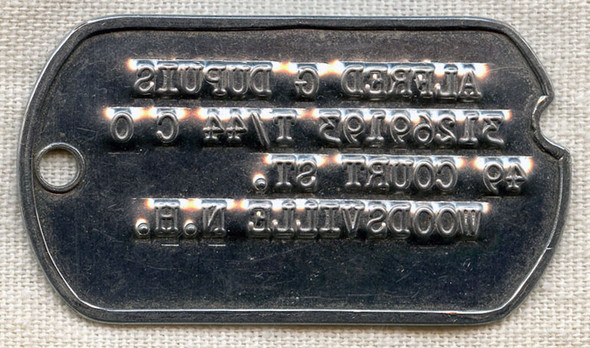 Single WWII (T-44) Dog Tag, Late for NOK Address (Woodsville, New Hampshire)